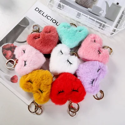 

Cute Heart Eyelash Pompom Keychain Pom Pom Fluffy Fur Bar Key Chain Plush Keyring Women Bag Charm Key Ring Accessories