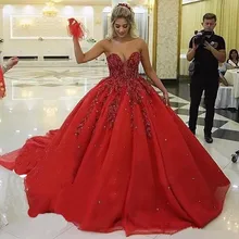 Сладкий 16 красное платье Quinceanera для девочек красного цвета с длинным шлейфом; элегантное детское платье с аппликацией из бисера, Пышное Бальное платье, vestidos Праздничное платье
