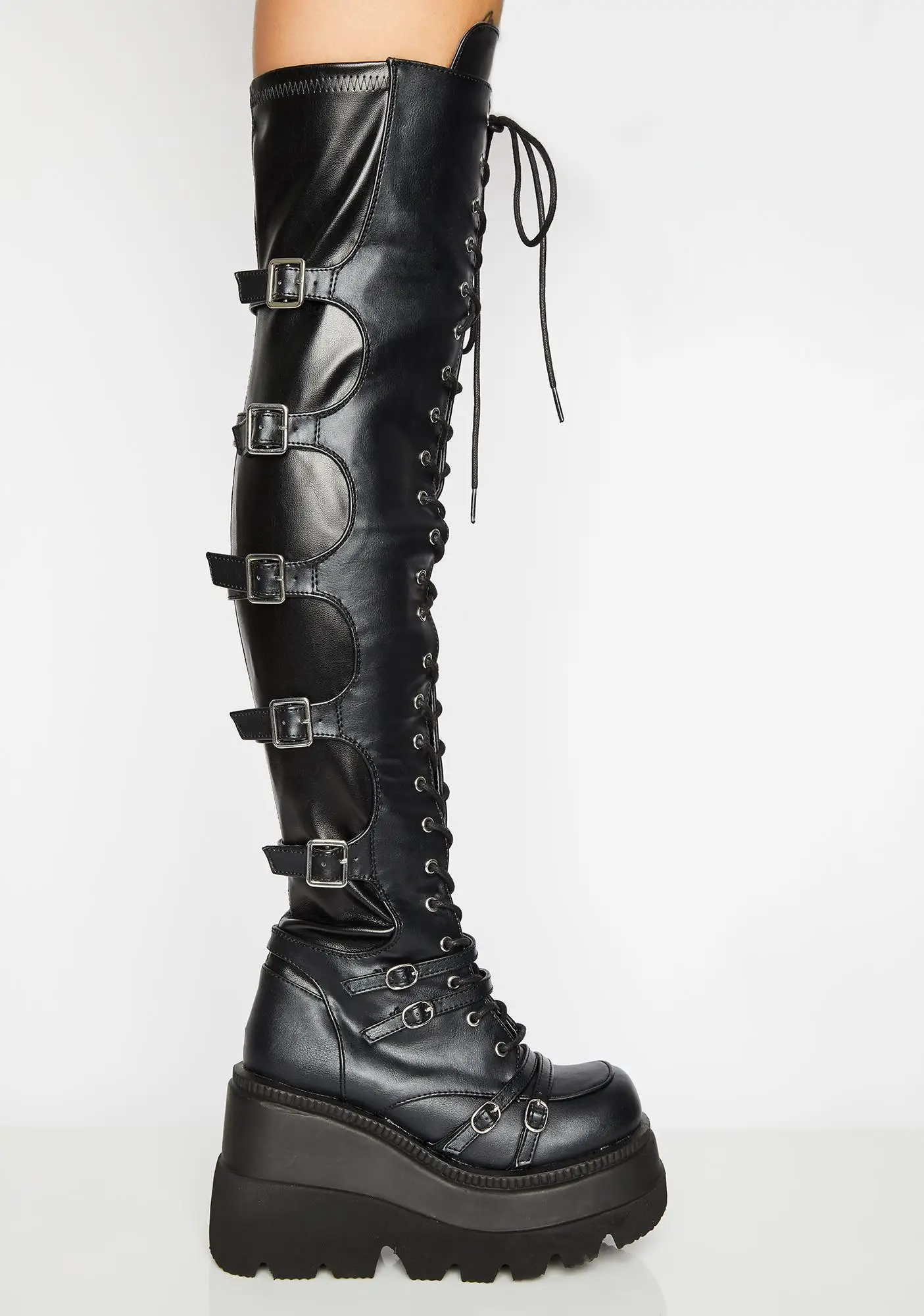 DORATASIA INS Marca novedosa-botas altas hasta el muslo para mujer, cuñas con plataforma y hebilla, parte inferior gruesa, zapatos de calle frescos
