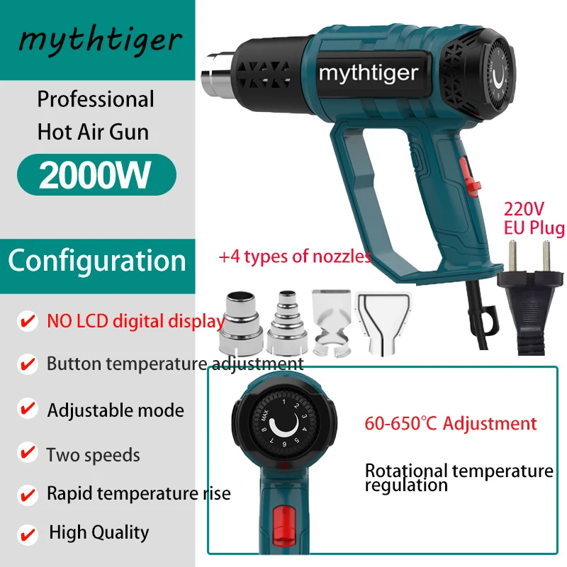 2000W 60-600 Degree Heat Gun 220V EU Industrial Electric Hot Air Gun Shrink Wrapping Thermal Heater Welding Tool