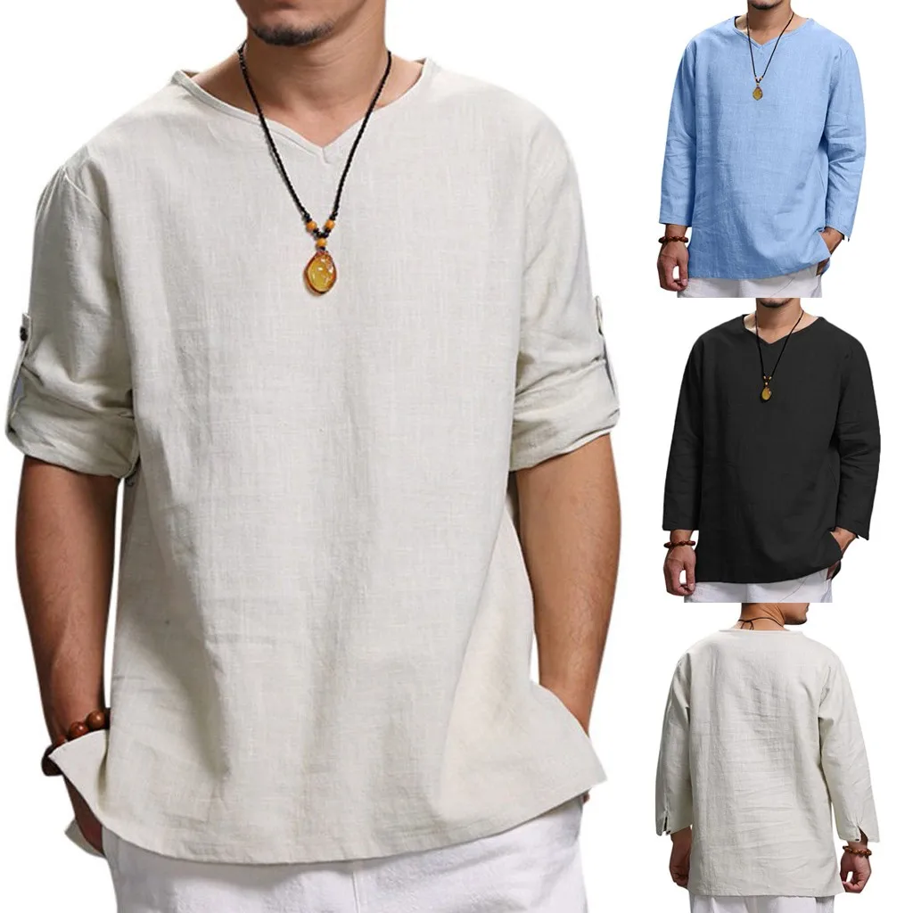

Men's Summer New Pure Cotton And Hemp Top Comfortable Fashion Blouse Top V-Neck Casual linen Homme Long sleeve solid Tshirts