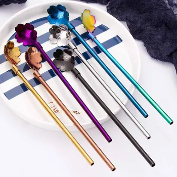 

30pcs New Stainless Steel Straw Spoon Milk Tea Drink Mixing Dual-use Straws Color Flower Shape Cocktail Spoons