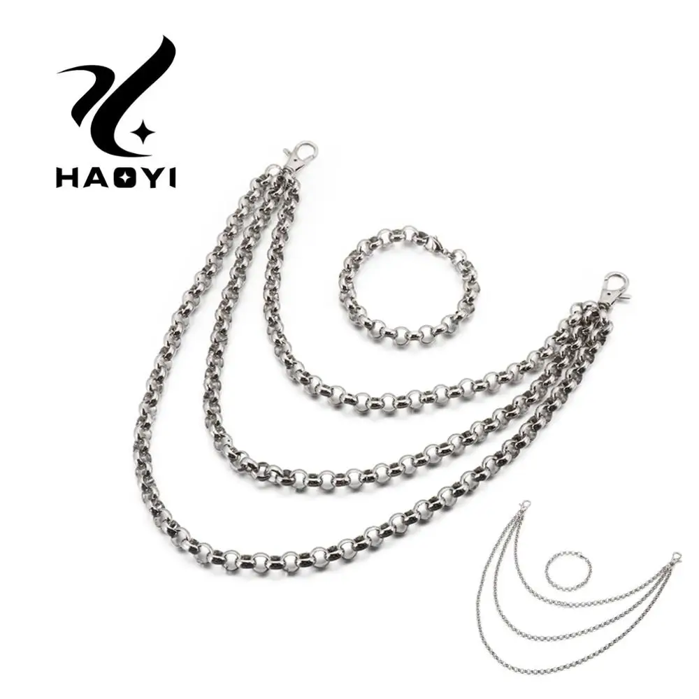 HAOYI Stainless Steel Glamour Silver color Dubai Jewelry Sets Golden Punk Trend Pants Chain Bracelet Set For Men's Accessories |