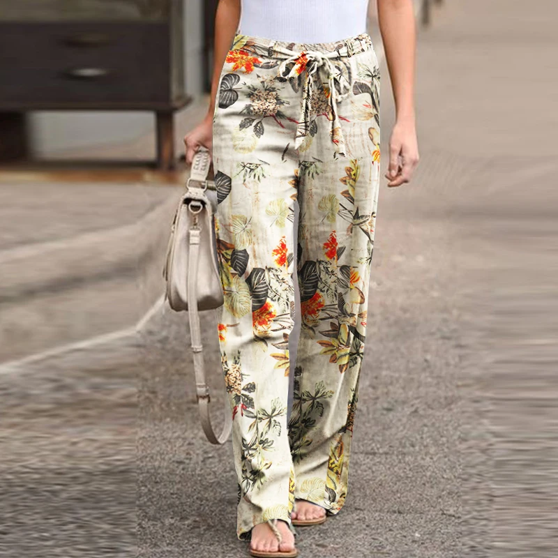 Women Long Pants 2022 Spring Fashion High Waist Drawstring Straight Loose Vintage Printed Casual Ladies Wide-Leg Pant | Женская одежда