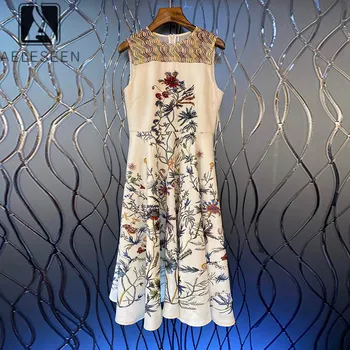 

AELESEEN Runway Fashion Summer Dress 2020 High Quality Women's Sleeveless Beading Flower Print Party Elegant Holiday Dress