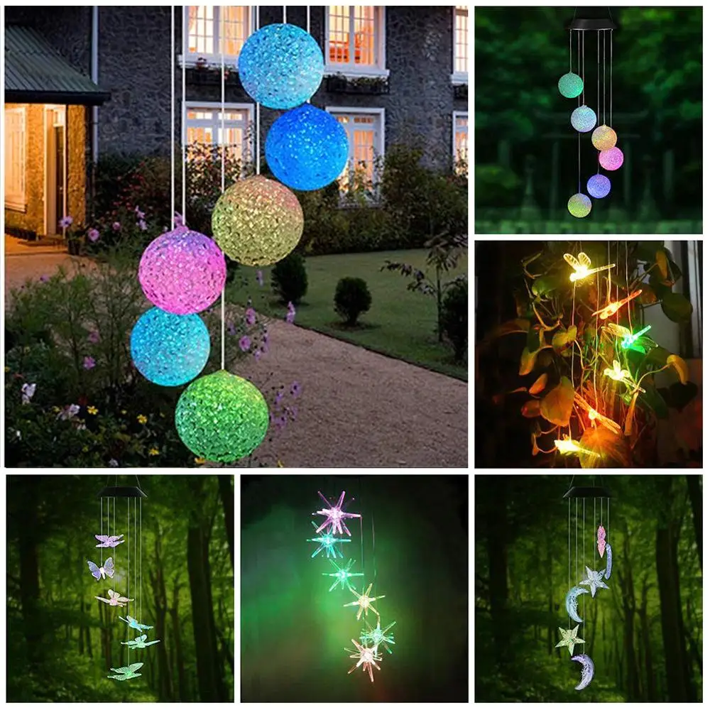 14 kinds of Solar Wind Chime Light Outdoor LED Color Change Spiral Pendant Lantern Garden Fairy Night Light Home Decor