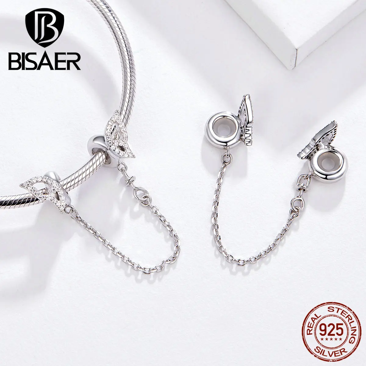 BISAER, 925 пробы, серебро, высокое качество, модные крылья, безопасная цепочка, подвески, подвески, подходит для браслета, хорошее ювелирное изделие GAC083