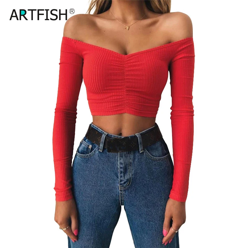 

Fashion Women Sexy Slash Neck 2019 New Navel Short T-Shirt Long Sleeve Solid Slim Night Club Party Tops Black Orange GV753