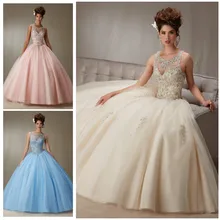 Лидер продаж, пикантные цвета: небесно-голубой, розовый, бальное платье Пышное Платье с бисером, с низким вырезом на спине Стиль девочек сладкий 16 платья для выпускного бала светится в течение 15 лет Vestidos De