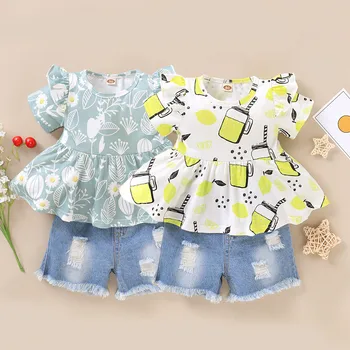 

ARLONEET New Trend Toddler Girls Clothes Sets Ruffled Short Sleeve Lemon Printed T-Shirt O-Neck Top Broken Denim Shorts 2020 Hot