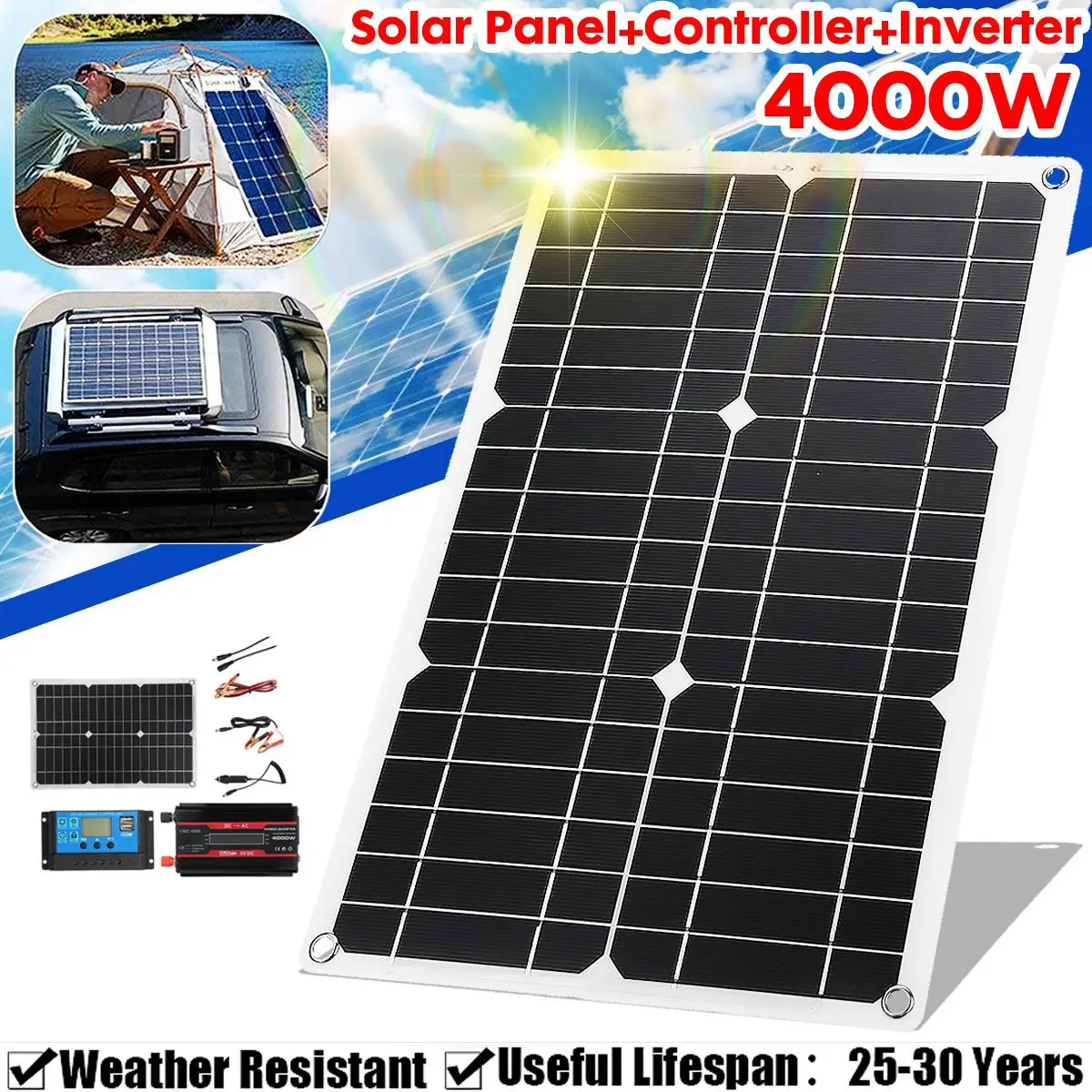 

18V 20W Solar Panel 4000W Inverter Battery Charge 12V/24V Power Generation System Controller Kit Complete Solar Power System