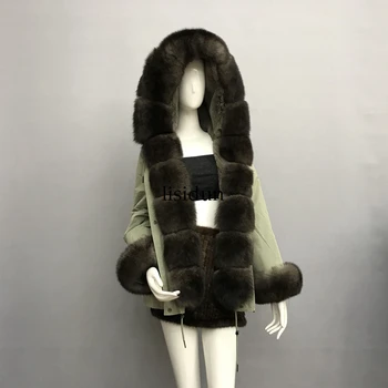 

2019fox fur real coat Silver Fox collar plus size long winter Jacket Rex rabbit liner red fox hooded thick warm parks Disass