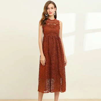 

VERDEJULIAY Runway Lace Dress 2020 Spring Summer High Quality Women's Sleeveless Hollow Out Slim White Long Dress Elegant