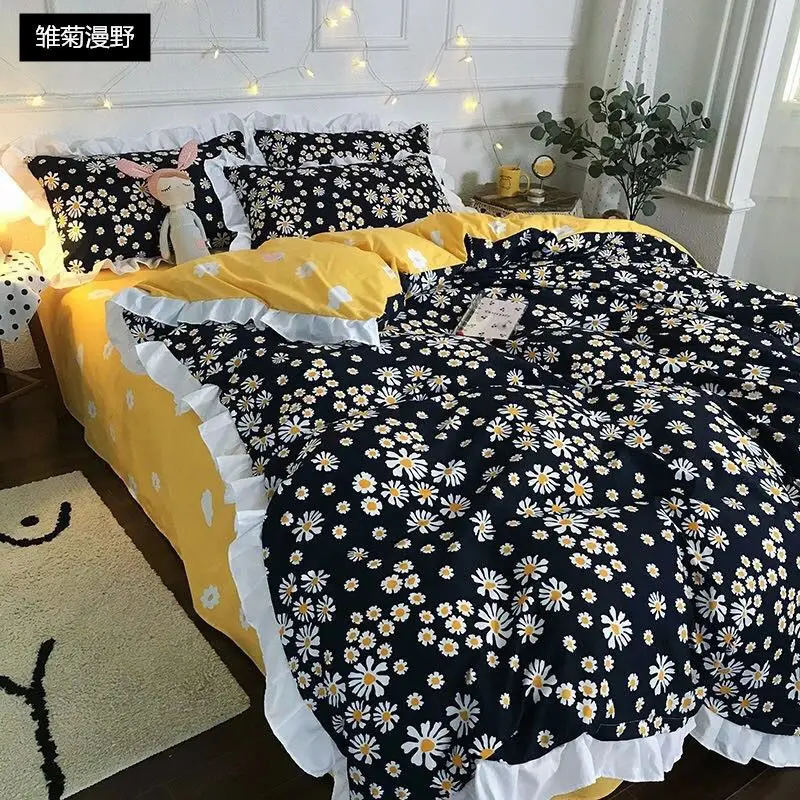 Four-piece set on a lotus leaf bed Korean style fragrant taro purple grid soft small fragrant style bed sheet three-piece set 