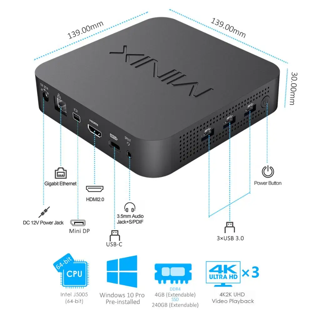 Мини пк MINIX официальная ос WINDOWS 10 PRO Intel Pentium Silver J5005 DDR4 4 гб/64 гб HDMI 2 0 Vesa мини с