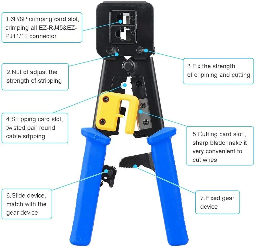 RJ45 Crimper Pass-Through/EZ RJ11/RJ12/RJ45 connectors Cutter Stripper CAT5e/CAT6 Network Cable Wire Crimping Tool wire stripper tools electrician tools