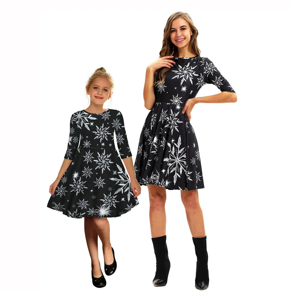 Платье модное рождественское платье с длинными рукавами и 3D-принтом для мамы и дочки вечерние платья принцессы для родителей и детей C840 - Цвет: BK
