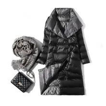 Для женщин Двусторонняя пуховая куртка теплая зимняя одежда с высоким, плотно облегающим шею воротником Белое пуховое пальто длинное двубортное пальто, пуховые парки, женская теплая верхняя одежда