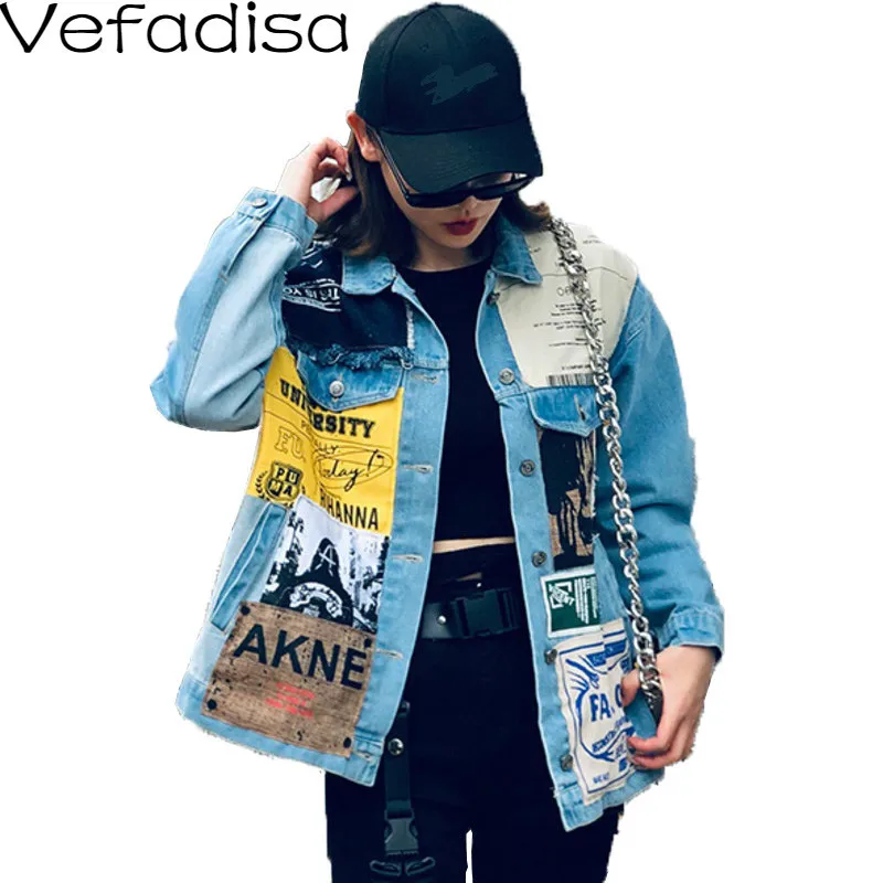 

Vefadisa Irregular Denim Coat Woman Winter 2019 Personality Print Denim Jacket Loose Streetwear Coat Woman Blue QYF931