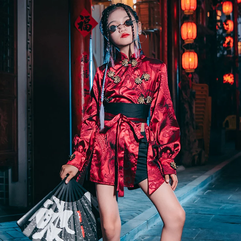 

New Jazz Dance Clothing Chinese Style Catwalk Show Stage Performance Costumes Modern Street Dance Hip Hop Suit For Girls DQL6271