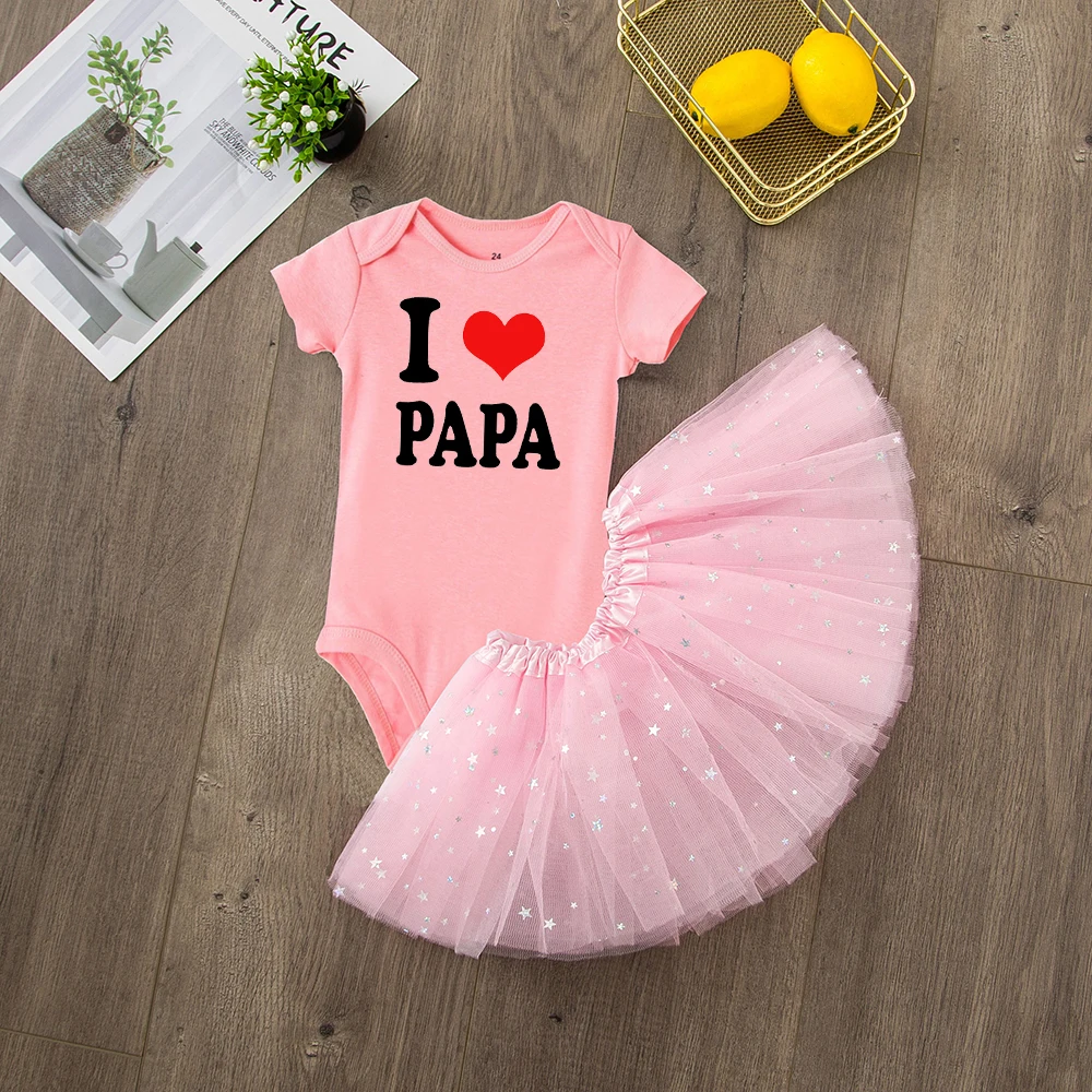 Принт с буквами для детей, платье для девочек с надписью «I Love Papa», комбинезон с короткими рукавами+ юбка-пачка, комплекты из 2 предметов, летние костюмы для младенцев, комплект одежды - Цвет: RA12-SQPPKXPK-