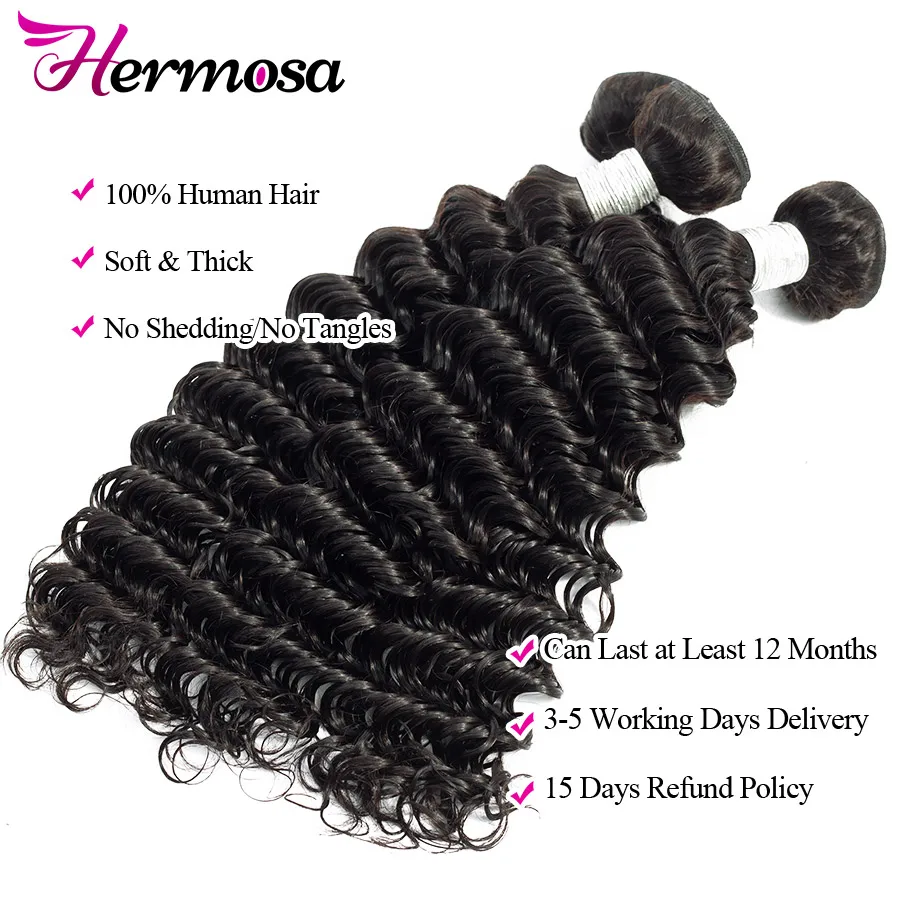 Hermosa Deep Wave Bundles With Closure Brazilian Hair Weave Bundles With Closure Human Hair 3 Lace Non Remy