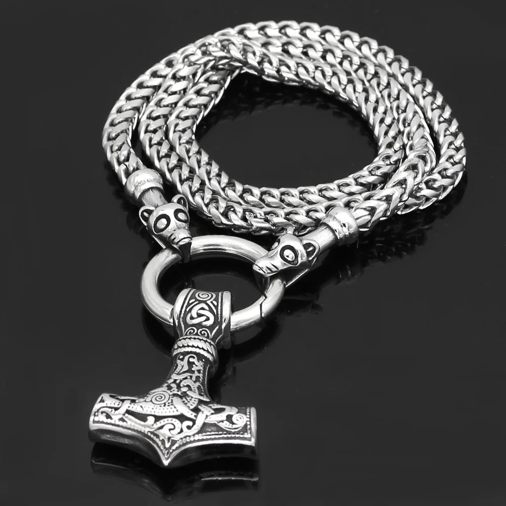 Женская голова волка с молотом Тора ожерелье кулоном Mjolnir подарочным мешком