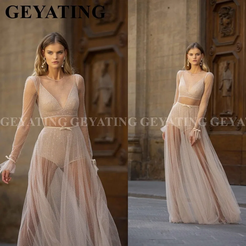 

Sexy Sheer Tulle Backless Long Sleeve Prom Dresses with Crop Top Short Pants Jumpsuits Evening Dress Long Graduation Party Gowns
