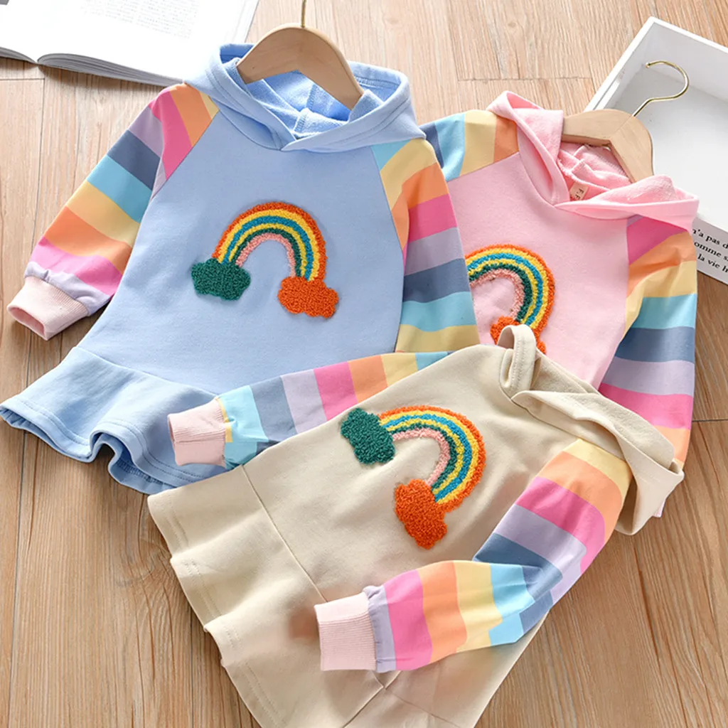 

Girls Party Clothes New Brand Princess Dress Knitted Rainbow Colorful Kids Girl Dresses Hooded Children Clothing Princess Dress