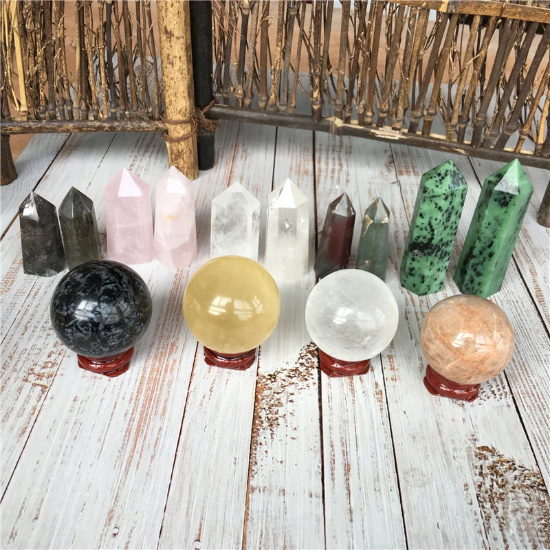 

natural crystal ball and point tower set clear quartz pink quartz rutile quartz red and green ruby agate healing chakra sphere