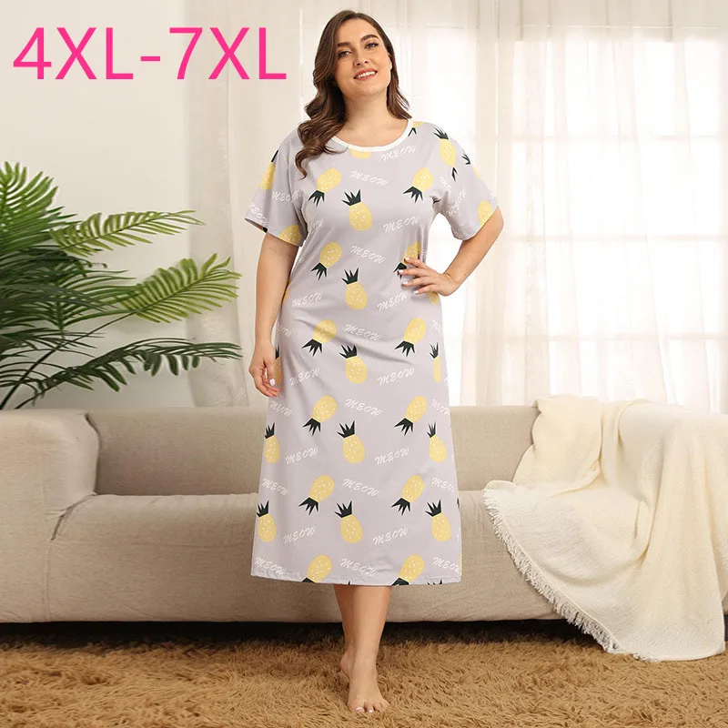 New summer plus size home wear long pajamas for women large loose short sleeve gray print straight dress 4XL 5XL 6XL 7XL | Женская