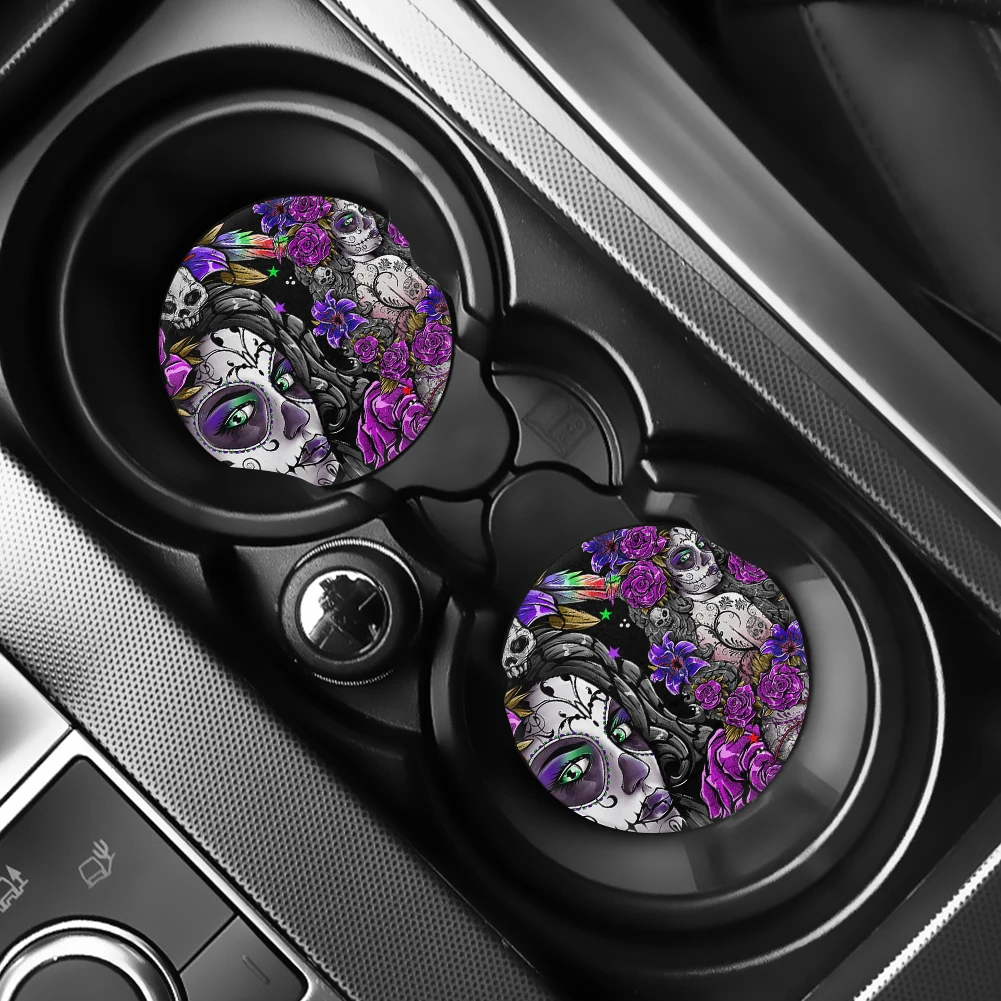 INSTANTARTS Day of the Dead Sugar Skull Prints Set of 2 Drink Cup Mat for Car Anit-dirt Car Cup Holder Coasters Drink Cup Mat