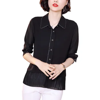 

Hot Selling Women's Spring High Fashion Turn Down Collar Single Breasted Chiffon Blouse Shirt Female Office Patchwork Shirt Tees
