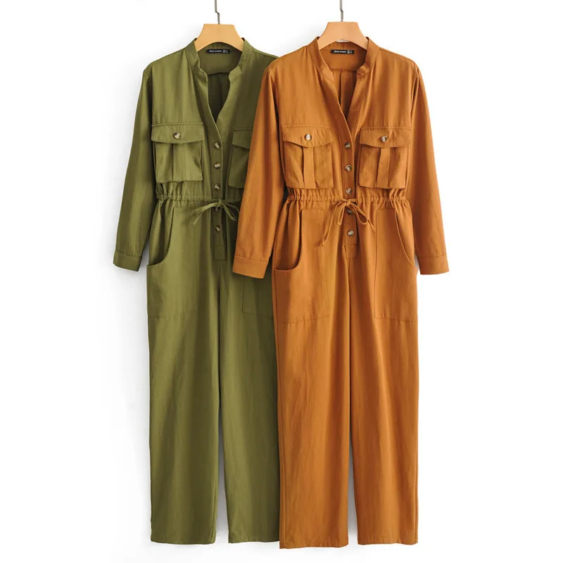 

[EWQ] Safari Style Long-sleeved Loose Tooling High-waist Jumpsuit Lace-up Double Pocket Jumpsuits 2019 Autumn New QK31004