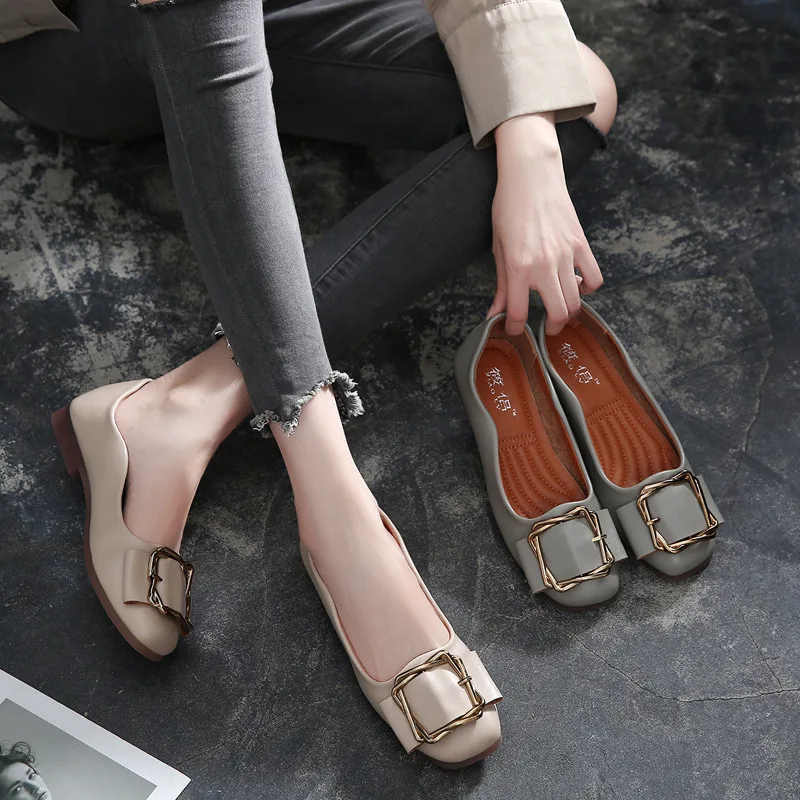 

Casual Concise Solid Women Basic Low Heel Pumps Square Toe PU Shallow Slip-On Single Shoes With Buckle Fashion Ladies Pumps
