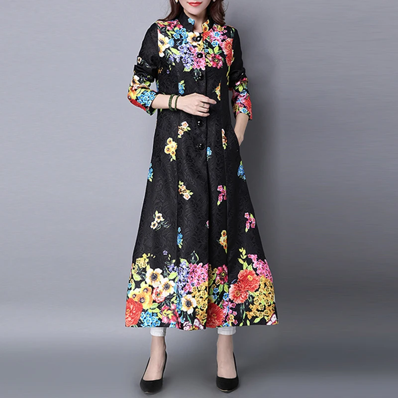 Женская куртка, осенняя верхняя одежда, цветная Цветочная расцветка, стоячий воротник, пуговица, длинный рукав, ТРАПЕЦИЕВИДНОЕ свободное этническое длинное пальто для женщин