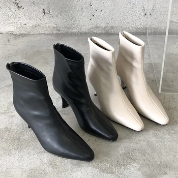

Luxury 2020 Winter INS Women Blue Beige High Heels Ankle Boots Lady Low Heels Chelsea Boots Designer Leather Boots Party Shoes