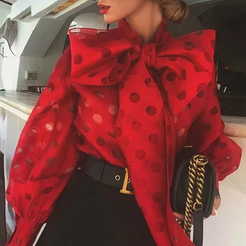 

Women's Polka Dot Long Lantern Sleeve Blouse Tops Knotted Bow Solid Button Female Shirts 2020 Spring Fashion New Ladies Shirts