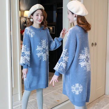 

2019 New Winter Women's Warm Maternity Sweater snowflake Print Knitting Long Sleeve Boat Neck Tunic Pregnancy Long Sweater Dress