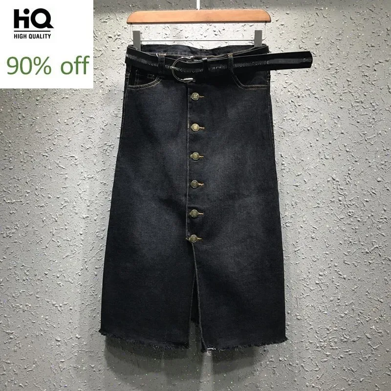 

2020 New European Black Single-Breasted Split Jeans Skirts Womens High Waist Slim Fit Mid-Calf Skirt Elegant Wrap Skirt Femme