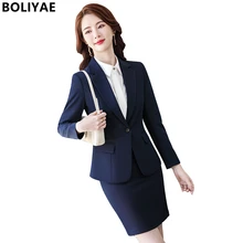 Boliyae 2021 Professional Skirt Suit Spring Autumn Long Sleeve Blazers for Women Elegant Office Business Pant Suits Formal Solid