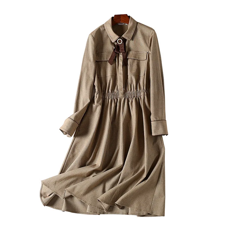 

A Generation of New Style Loose-Fit Slimming Bowtie Decoration Fold-down Collar Mid-length Dress Women's Entity