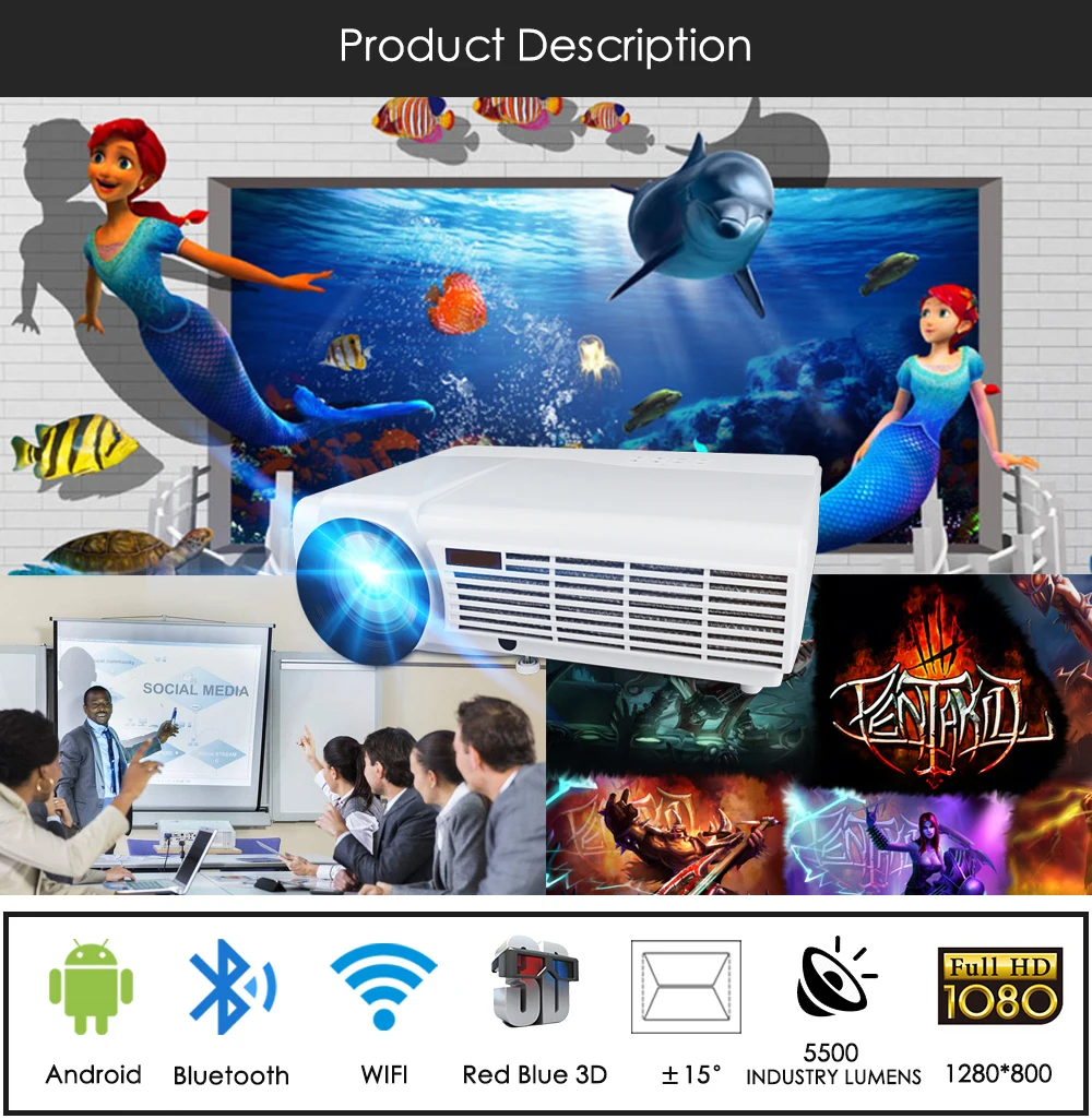 Проектор Poner Saund LED96 Wi Fi 3D 5500 люмен Full HD Android 6 0 беспроводной мультиэкранный