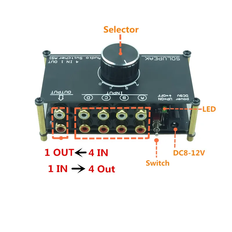 SOLUPEAK AS1 Audio Signal Switcher 4 Input 1 Out or 1 IN 4 OUT hifi stereo RCA Switch Splitter Selector Box for amplifier 4 ways select 1 output of input signal selector relay board audio stereo signal switch amplifier board rca for speakers
