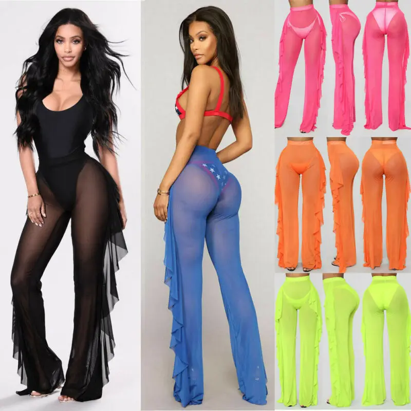 Summer Women Beach Mesh Ruffle Sheer Wide Leg Pants Trousers Bikini Cover Up swimsuit cover up,swimsuit coverup,beach suit