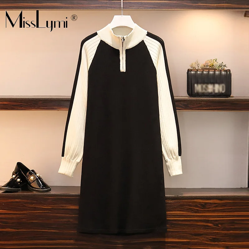 XL-4XL Plus Size Women Sweater Dress Winter 2020 Fashion Zipper Stand Collar Long Sleeve Patchwork Loose Casual Knitted Dresses | Женская