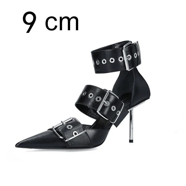 Женские брендовые туфли-лодочки на каблуке; женская обувь; пикантные туфли на высоком каблуке с металлической пряжкой; женская повседневная обувь с острым носком; обувь для вечеринок - Цвет: Black Pumps 9cm