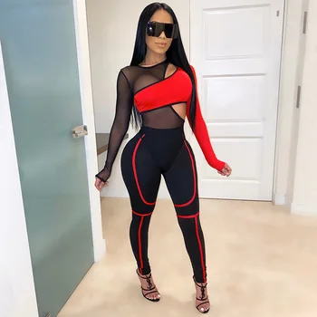 

Mesh Patchwork See Through Two Piece Set Women Hollow Out Long Sleeve Bodysuit and Leggings Matching Set Female Casual 2PCS Set