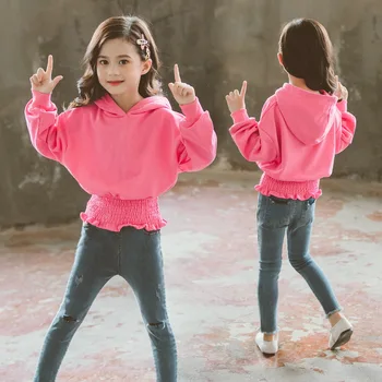 

Autumn Girls Clothing Set Children New style Teen Girl Waist Hugging Hoodie Sweatshirt + Jeans 2pcs Suits Kids Clothes Tracksuit