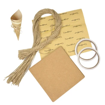

100Pcs/Set Retro Folding Kraft Paper Confetti Cone Bouquet With Ropes Wedding Diy Decoration Gifts Packing Party Supplies